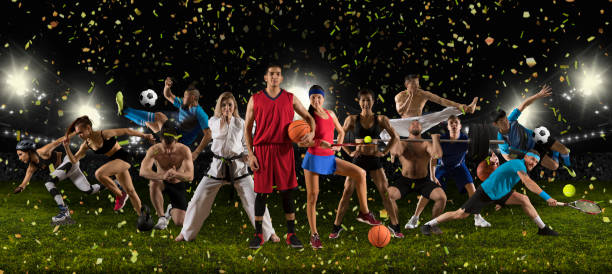 Sports collage taekwondo, tennis, soccer, basketball, etc stock photo