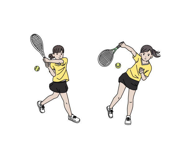 ilustrações de stock, clip art, desenhos animados e ícones de clip art of tennis club girls - child tennis white background sport