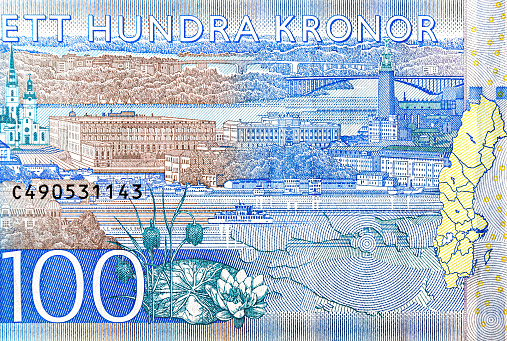 City view of Stockholm from 100 Kronor Sweden Banknote close up