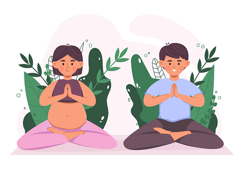 Pregnant woman with husband practicing yoga, lotus pose meditation. Couple sitting in lotus pose, parenting class yoga meditate vector illustration. Healthy pregnancy. Motherhood pregnant training
