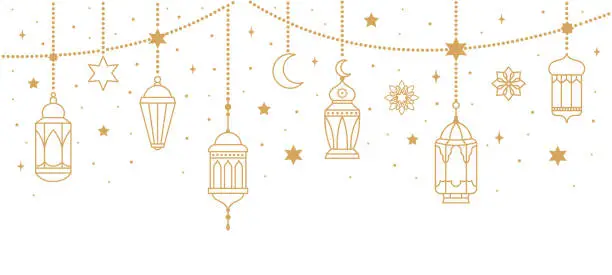 Vector illustration of Arabic traditional Ramadan Kareem eastern lanterns garland. Muslim ornamental hanging golden lanterns, stars and moon vector illustration set. Islamic oriental style garland