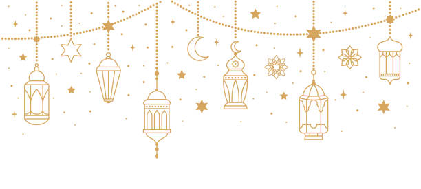 arabic traditional ramadan kareem eastern lanterns garland. muslim ornamental hanging golden lanterns, stars and moon vector illustration set. islamic oriental style garland - 燈籠 幅插畫檔、美工圖案、卡通及圖標