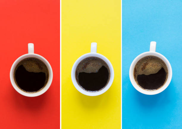 istock Collage of coffee cups on the colored background. Top view. Copy space. 1365432088