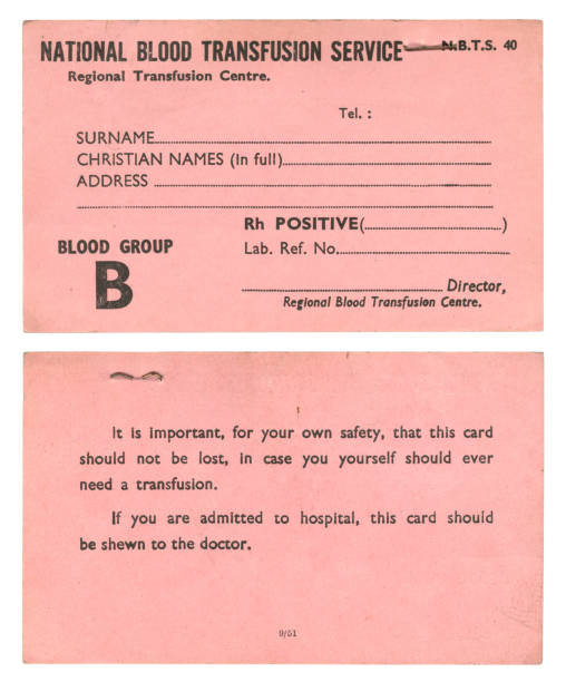 Old British blood transfusion card, 1950s stock photo
