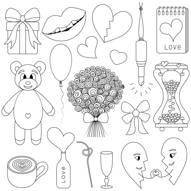 2829 Valentine day. Sketch. Set of vector illustrations. Doodle style. Love collection. Coloring book for children. Bouquet, heart, balloon, latte art, love, teddy bear. A group of cute images. Outline on isolated background. Ideas for web design. broken lipstick stock illustrations