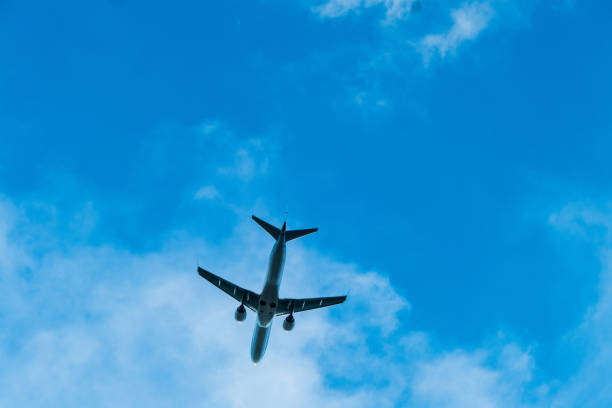 Plane flys in the blue Sky stock photo