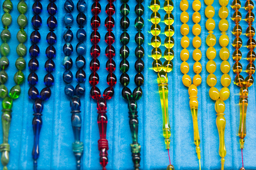 Prayer beads in different colors and patterns that are called Tesbih in Turkey