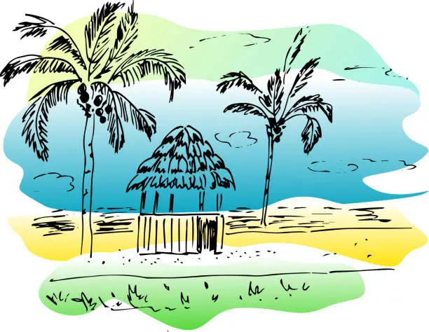 Vector illustration of sketch  of tropical landscape with palms.vector illustration
