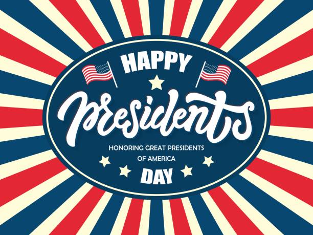 American Presidents day background. Vector illustration. Sunburst and hand drawn lettering typography in red blue colors. Design concept for poster, greeting card, banner for USA national holiday American Presidents day background. Vector illustration. Sunburst and hand drawn lettering typography in red blue colors. Design concept for poster, greeting card, banner for USA national holiday presidents day logo stock illustrations