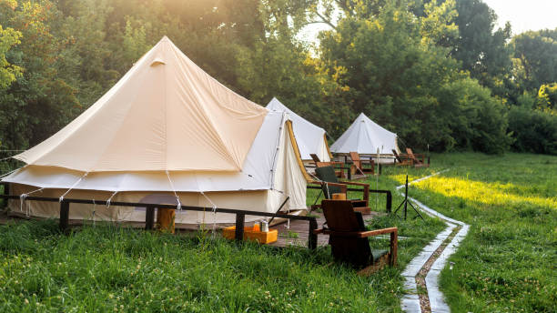 istock Glamping, few tents, chairs and pathway on the foreground 1365440322