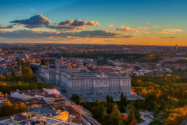 Photo of panoramic view from the top of the historic center of Madrid at sunset