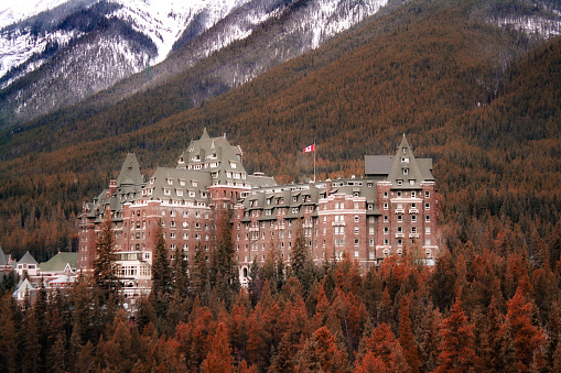 Fairmont Banff Springs Hotel in late Autumn 2017, taken from the Surprise Corner in Banff.
