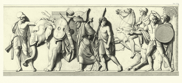 Vintage illustration of scene from The entry of Alexander the Great into Babylon by Hermann Lucke. Soldiers with a Persian prisoner and elephant loaded with loot