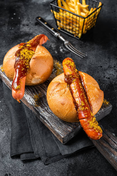 salchicha deutsche bockwurst en un bollo con papas fritas y salsa de curry, currywurst. fondo negro. vista superior - currywurst fotografías e imágenes de stock