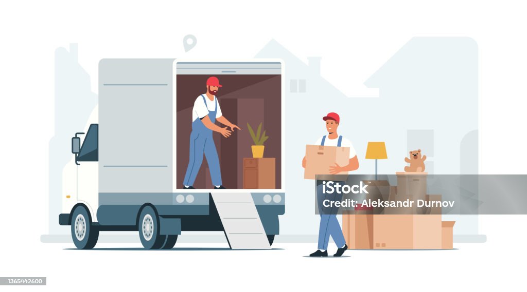 Moving Service Frame Vector Illustration Of Moving Service Two Movers Loading Cardboard ...