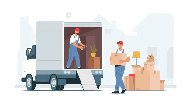 Vector illustration of Vector illustration of moving service. Two movers loading cardboard boxes into the truck. House relocation.