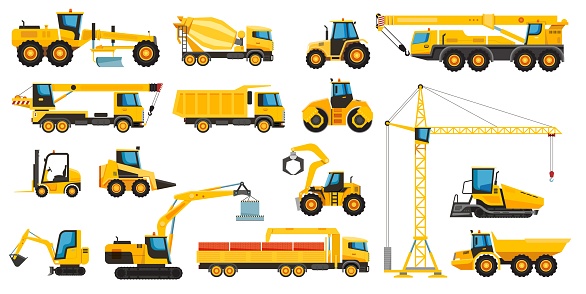Construction heavy machinery, building equipment and vehicles. Forklift, crane, tractor, bulldozer, excavator vector set. Special large powerful machines for road repair. Engineering concept