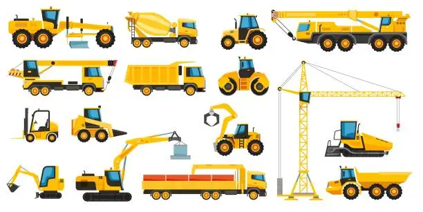 Vector illustration of Construction heavy machinery, building equipment and vehicles. Forklift, excavator, crane, tractor, bulldozer, excavator vector set