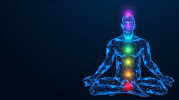 Meditation in the lotus position. Meditation in the lotus position. Yoga practice. Polygonal design of interconnected lines and points. Blue background. low quality of life stock illustrations