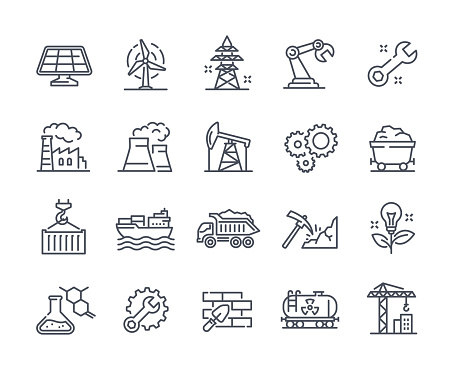 Industries icon set. Minimalistic stickers with construction, energy, cargo transportation, chemistry. Design elements for website and app. Cartoon flat vector collection isolated on white background