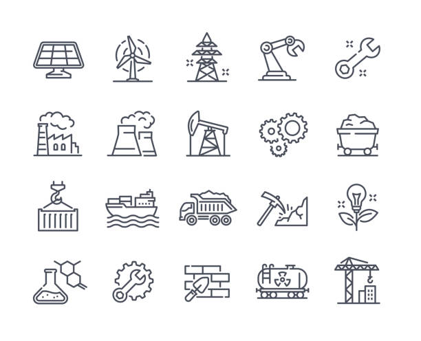Industries icon set Industries icon set. Minimalistic stickers with construction, energy, cargo transportation, chemistry. Design elements for website and app. Cartoon flat vector collection isolated on white background natural phenomenon stock illustrations