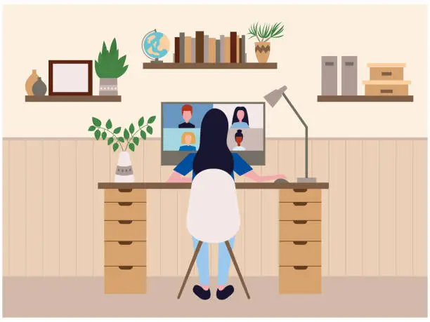 Vector illustration of Woman sitting online in front of computer