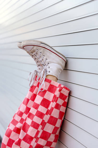 Low Section Of Man Wearing Canvas Shoes Standing By Potted Plant On Footpath