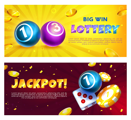 Lottery banners with realistic balls with lucky winning combination numbers. Gambling games poster with gold casino chips, dice game, coins and round shiny spheres. Raffle or jackpot concept.