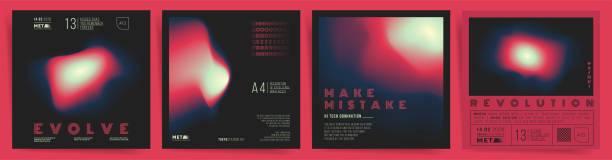 Set of futuristic gradient 3d bold square posters templates for science, music or presentation album print. Holographic, cyberpunk geometric vector illustration background.