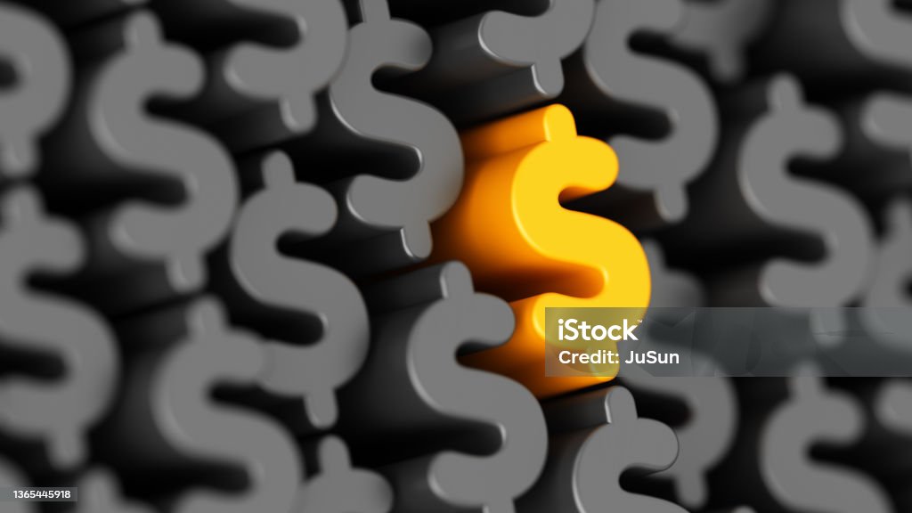 Stand out from the crowd. Yellow Unique Dollar sign. Profit and money. Financial and business 3d illustration. Price Stock Photo