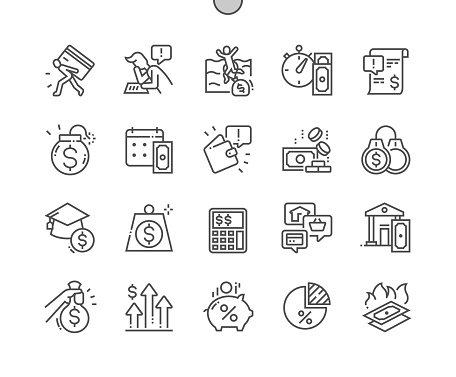Debt. Piggy bank. Tax. Pay day. Credit card debt. Management, money, financial and payment. Pixel Perfect Vector Thin Line Icons. Simple Minimal Pictogram