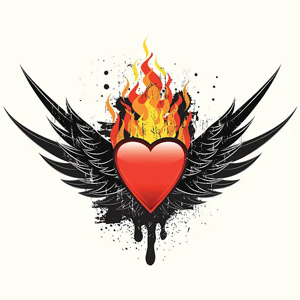 Vector illustration of Flaming heart wings