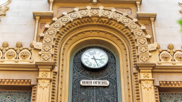 istock Facade of an old building. Clock, sign. Barcelona 1365447523