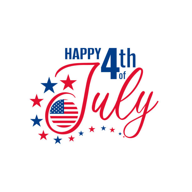ilustrações de stock, clip art, desenhos animados e ícones de happy fourth july holiday in usa. american independence day greeting card, banner, poster with united states round flag and stars. patriotic text on white background. vector illustration - 4th of july