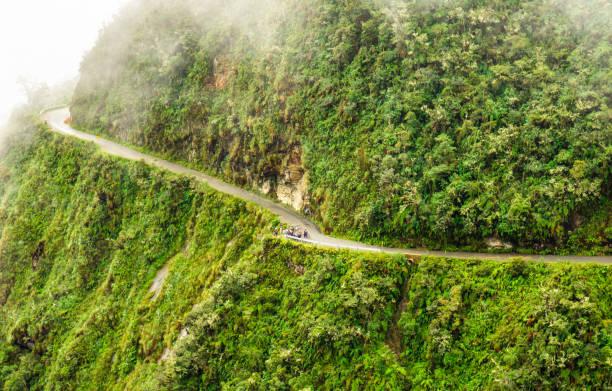 View on foggy death road in the Yungas in Bolivia stock photo