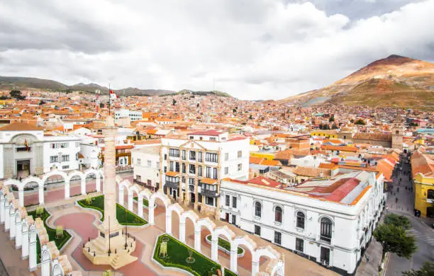Panoramic view over the city and main square of Potosi wirhthe famous Cerro Rico in the background, Bolivia. High quality photo
