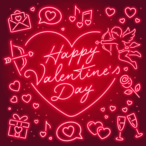 Valentine’s Day neon icons and text "Happy Valentine's Day" on red background. vector art illustration