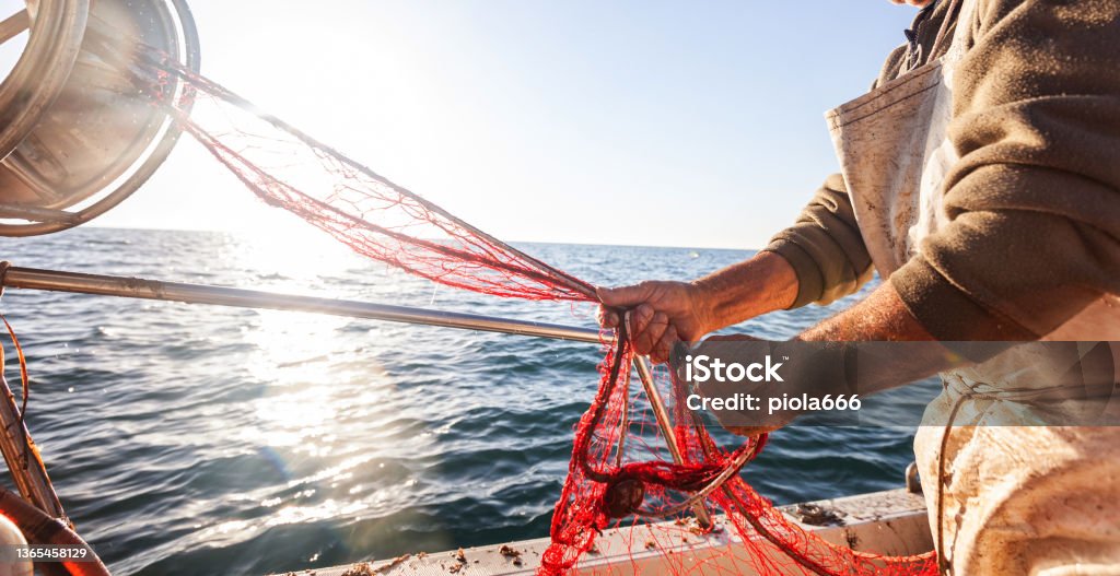 Fisheries in Italy: fisherman pulling fishing nets Small scale fisheries in Italy: fishing industry Sardinia Stock Photo