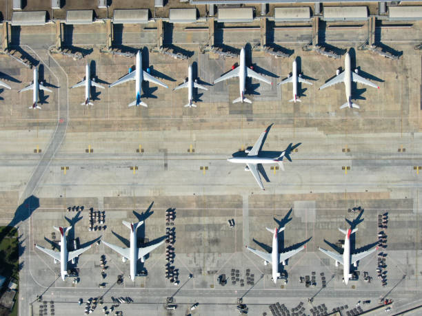 Aerial view of an airport. Aerial view of an airport. airport on a snowy day stock photo