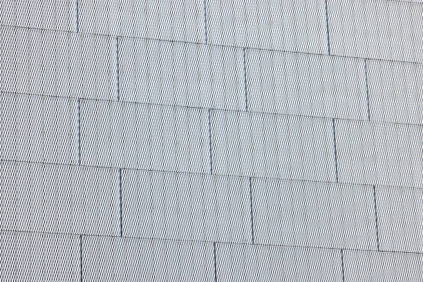 Closeup metal tiles wall, abstract background with copy space, full frame horizontal composition