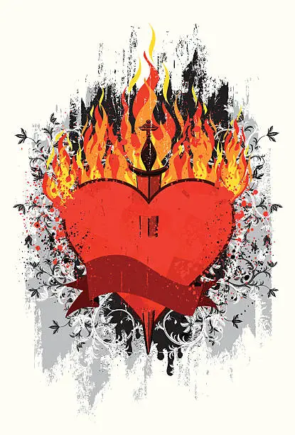 Vector illustration of Burning heart with dagger