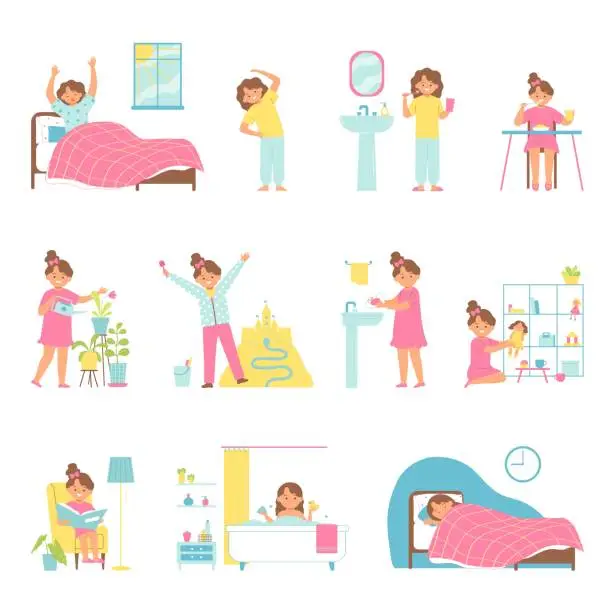 Vector illustration of Cute girl's daily routine. Character in different situations. Flat vector illustration isolated on white background.