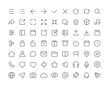 Set of user interface thin line vector icons. Editable stroke.