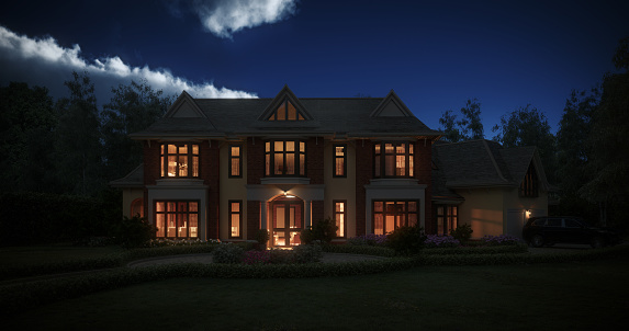 Digitally generated beautiful traditional old manor house at night.

The scene was rendered with photorealistic shaders and lighting in Corona Renderer 7 for Autodesk® 3ds Max 2022 with some post-production added.