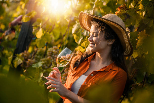 istock Woman tasting wine in vineyard 1365465376