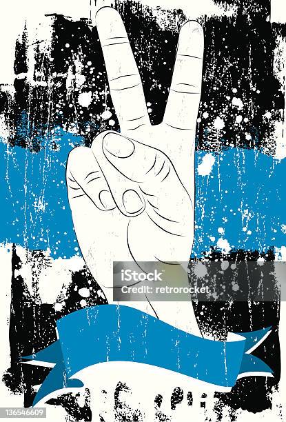 Два Пальца Для Мира С Синий Баннер — стоковая векторная графика и другие изображения на тему Большой палец руки - Большой палец руки, Брызги, Векторная графика