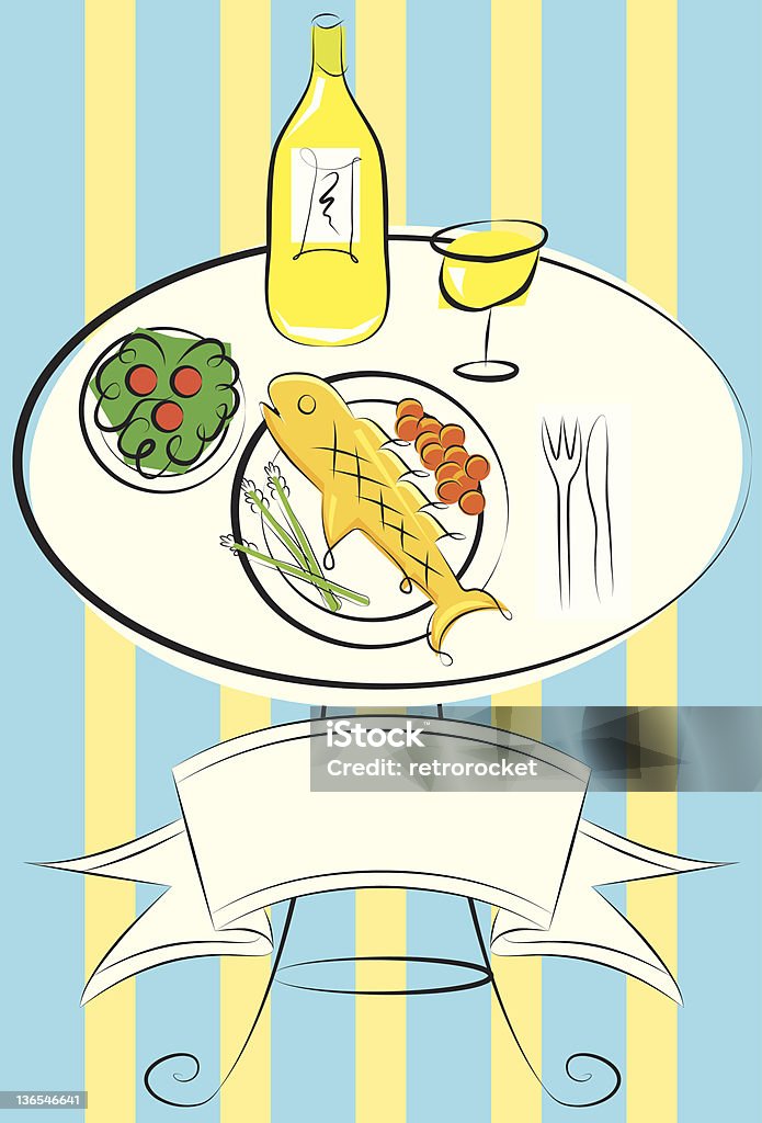 魚、野菜、白ワイン - アスパラガスのロイヤリティフリーベクトルアート