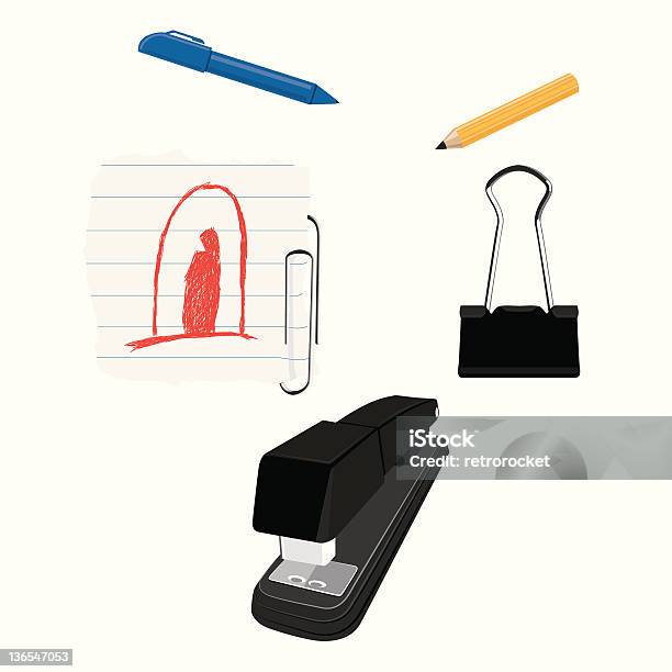 Ilustración de Artículos De Oficina y más Vectores Libres de Derechos de Amarillo - Color - Amarillo - Color, Artículo de papelería, Azul