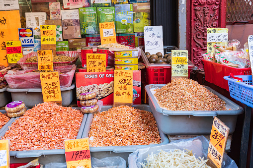 Chinatown, Manhattan, New York City, New York, USA. November 3, 2021. Dried shrimp and seafood for sale in Chinatown.