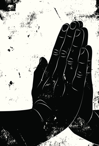 Two hands together in a praying position over a grunge background. The artwork extends outside the square clipping mask. To edit, select artwork and go to OBJECT-> CLIPPING MASK-> EDIT CONTENTS or RELEASE.